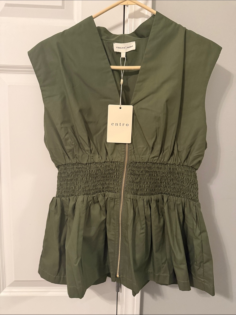 entro Olive Green Smocked Waist Peplum Zip Top